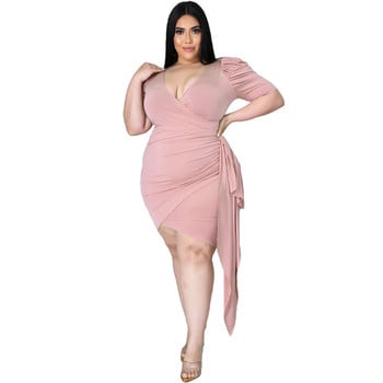 Φόρεμα Plus Size Γυναικεία Μόδα Χονδρική Sexy Solid V Neck Bodycon Stretch Επίδεσμος Ζώνη Puff μανίκι Νέα μίνι φορέματα Dropshipping