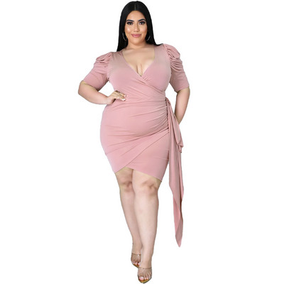 Liela izmēra kleitas sievietēm Modes vairumtirdzniecība Sexy Solid V kakla Bodycon Stretch Bandage Josta Puff piedurknes Jaunas Mini kleitas Dropshipping