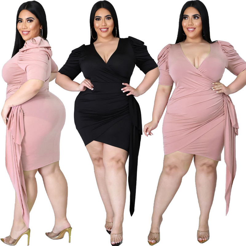Liela izmēra kleitas sievietēm Modes vairumtirdzniecība Sexy Solid V kakla Bodycon Stretch Bandage Josta Puff piedurknes Jaunas Mini kleitas Dropshipping