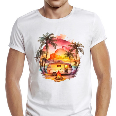 TEEHUB Vīriešu Vintage Summer Sunset Printed T krekls Funny Camping Bus Printing Tops