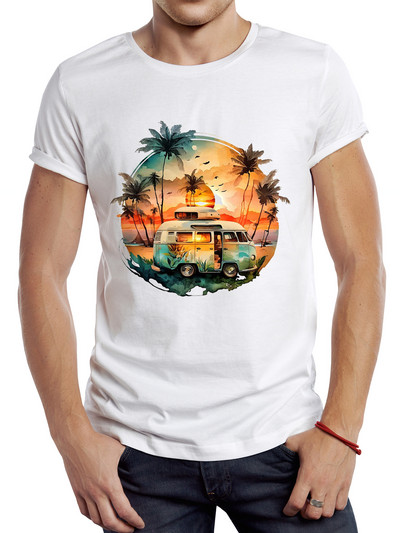 TEEHUB Vīriešu Vintage Summer Sunset Printed T krekls Funny Camping Bus Printing Tops