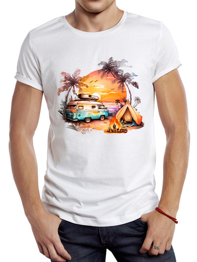 TEEHUB Vīriešu Vintage Summer Sunset Printed T krekls Funny Camping Bus Printing Tops