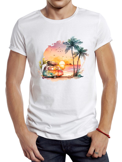 TEEHUB Vīriešu Vintage Summer Sunset Printed T krekls Funny Camping Bus Printing Tops