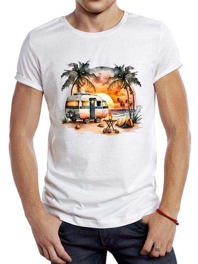TEEHUB Vīriešu Vintage Summer Sunset Printed T krekls Funny Camping Bus Printing Tops