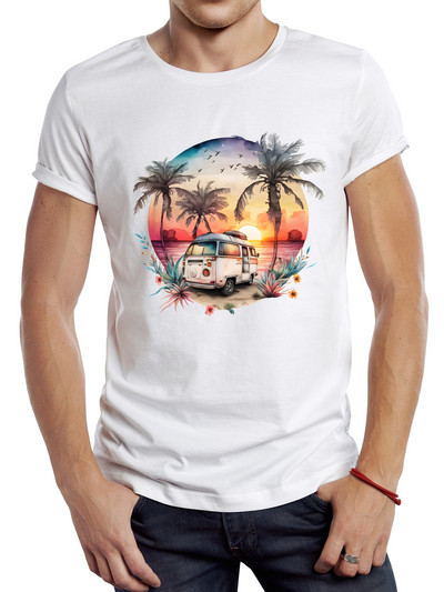 TEEHUB Vīriešu Vintage Summer Sunset Printed T krekls Funny Camping Bus Printing Tops