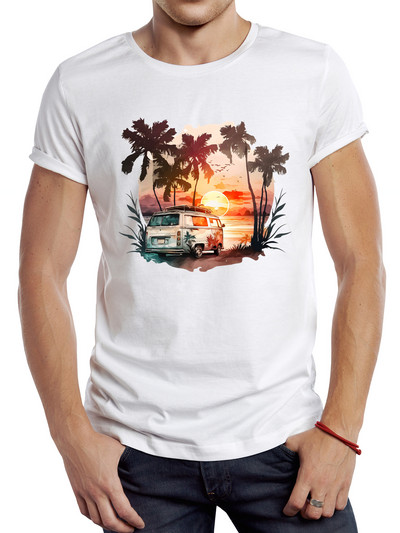 TEEHUB Vīriešu Vintage Summer Sunset Printed T krekls Funny Camping Bus Printing Tops
