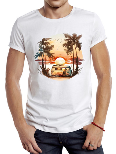 TEEHUB Vīriešu Vintage Summer Sunset Printed T krekls Funny Camping Bus Printing Tops