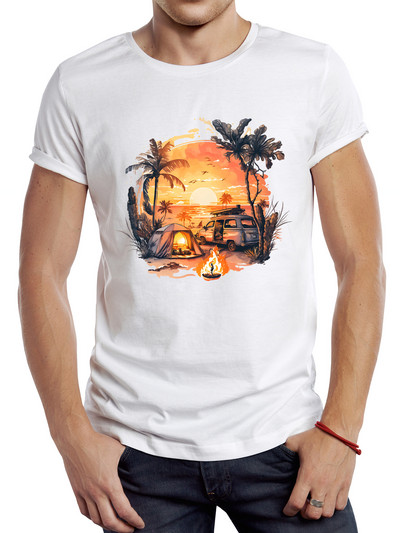 TEEHUB Vīriešu Vintage Summer Sunset Printed T krekls Funny Camping Bus Printing Tops