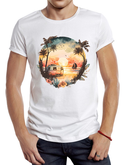 TEEHUB Vīriešu Vintage Summer Sunset Printed T krekls Funny Camping Bus Printing Tops