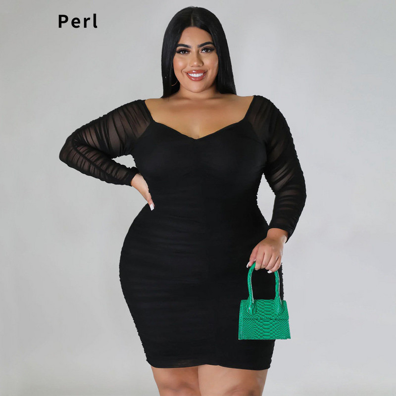 Rochie cu mâneci întregi din plasă Perl cu umăr dezactivat Îmbrăcăminte pentru femei de mărime mare Rochii de petrecere curbate cu decolteu mare Îmbrăcăminte pentru ocazii speciale 2022