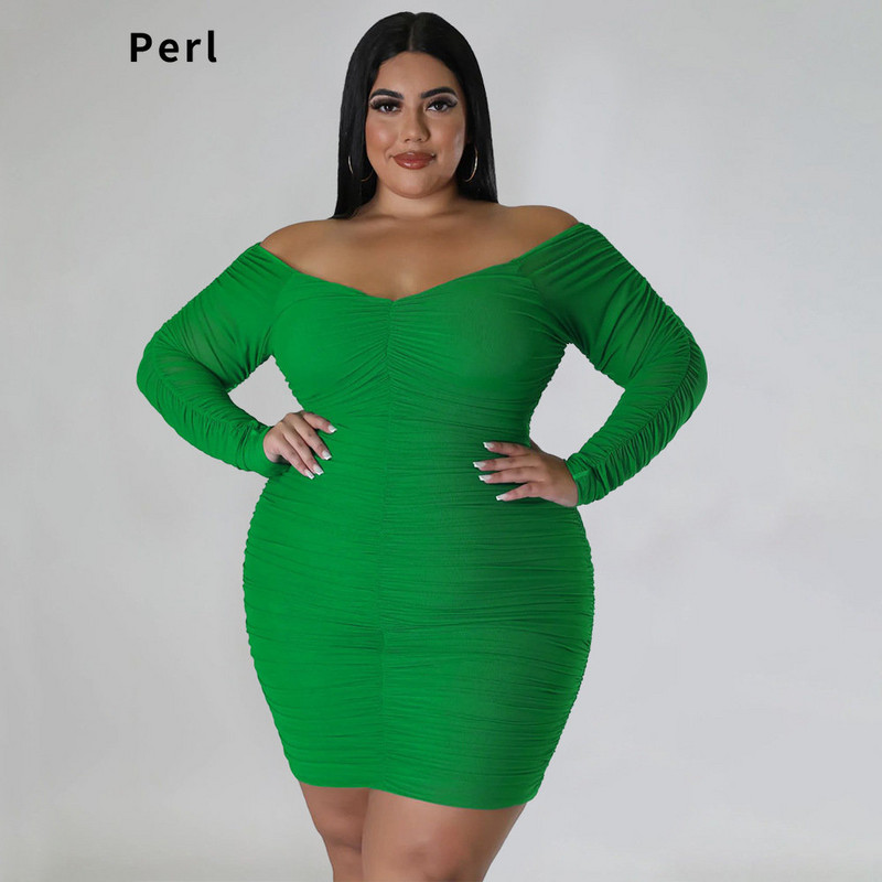 Rochie cu mâneci întregi din plasă Perl cu umăr dezactivat Îmbrăcăminte pentru femei de mărime mare Rochii de petrecere curbate cu decolteu mare Îmbrăcăminte pentru ocazii speciale 2022