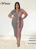 Wmstar Plus Size Imbracaminte pentru femei Rochii cu siret Patchwork Bodycon Stretch Rochie maxi eleganta in carouri Vânzare cu ridicata Dropshipping
