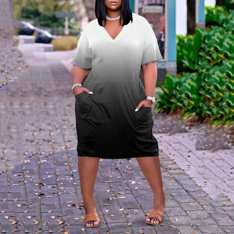 Színátmenetes mintás rövid ujjú pólóruhák Női alkalmi Boho strandruha Női zsebes buli túlméretezett nagyméretű ruha Vestidos