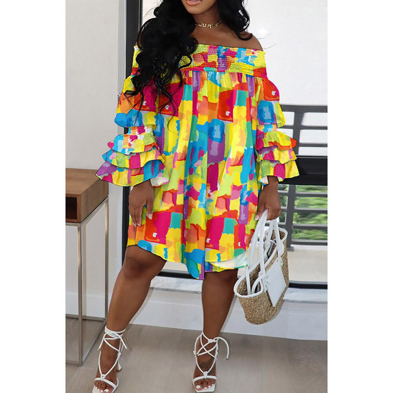 Nagy méretű sárga napi mintás mintás mintás, fodros vállú Midi ruhák