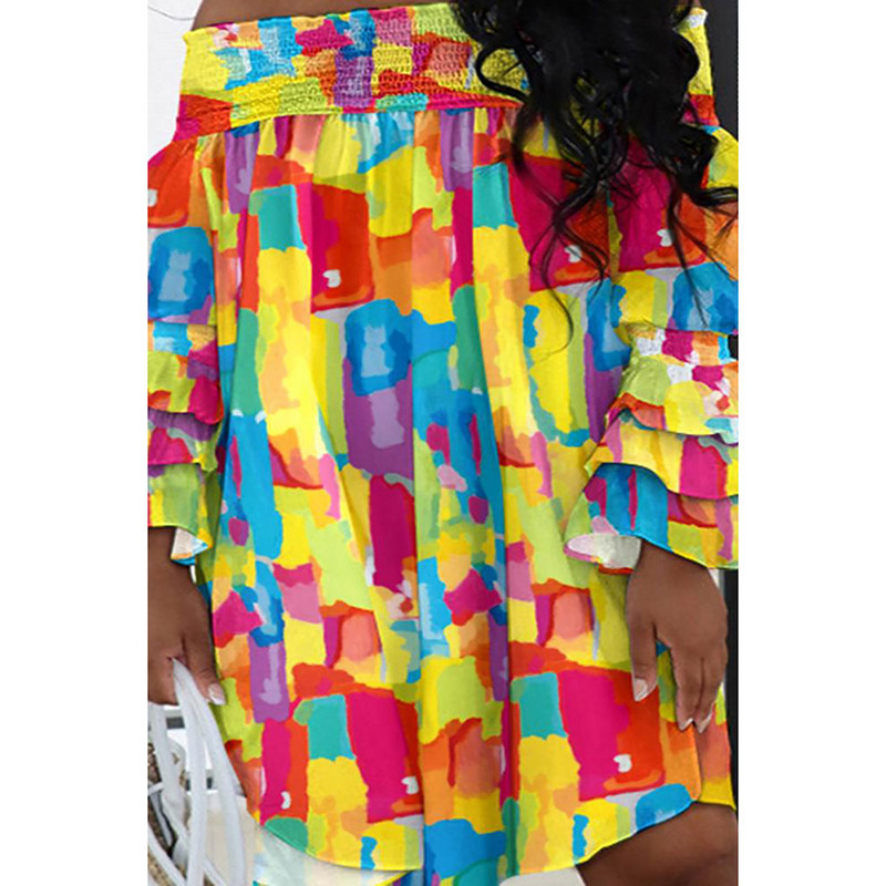 Nagy méretű sárga napi mintás mintás mintás, fodros vállú Midi ruhák