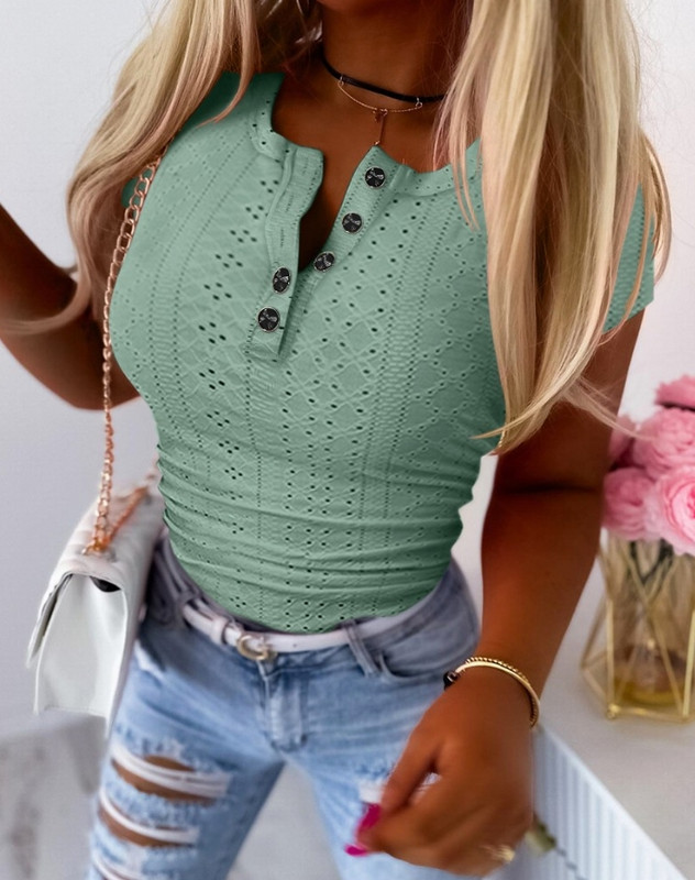 Sieviešu T-krekls ar pogas cilpiņu izšuvumu ar īsām piedurknēm 2024. gada pavasara/vasaras jaunākā vispārējā apaļa kakla blūze, cieši pieguļoša ikdienas blūze