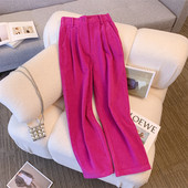 Rozāsarkana velveta bikses ar platām kājām sievietēm 2024. gada rudens ziemas sezonā ar augstu vidukli Ikdienas bikses Svītrainas bikses