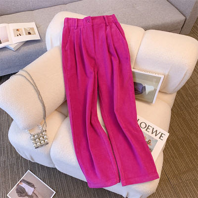 Rozāsarkana velveta bikses ar platām kājām sievietēm 2024. gada rudens ziemas sezonā ar augstu vidukli Ikdienas bikses Svītrainas bikses
