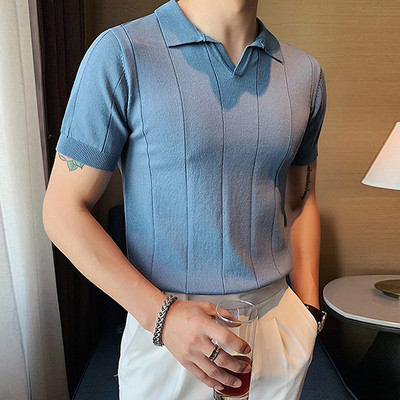 Ljetna muška luksuzna odjeća Pletena polo majica s V-izrezom Ležerna prugasta jednobojna majica kratkih rukava Prozračna uska modna pletenina