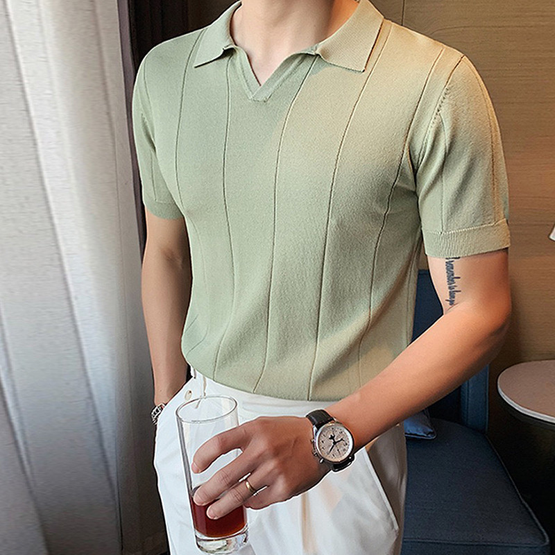 Ljetna muška luksuzna odjeća Pletena polo majica s V-izrezom Ležerna prugasta jednobojna majica kratkih rukava Prozračna uska modna pletenina