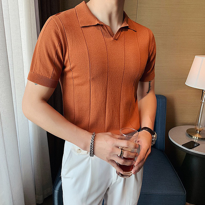 Ljetna muška luksuzna odjeća Pletena polo majica s V-izrezom Ležerna prugasta jednobojna majica kratkih rukava Prozračna uska modna pletenina