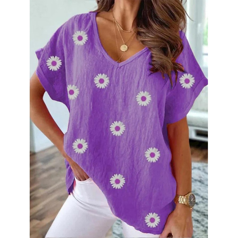 Tricou cu flori de vară cu flori cu imprimare 3D Topuri Y2k pentru femei Tricouri Streetwear Harajuku Tricouri supradimensionate elegante cu decolteu în V Îmbrăcăminte pentru femei