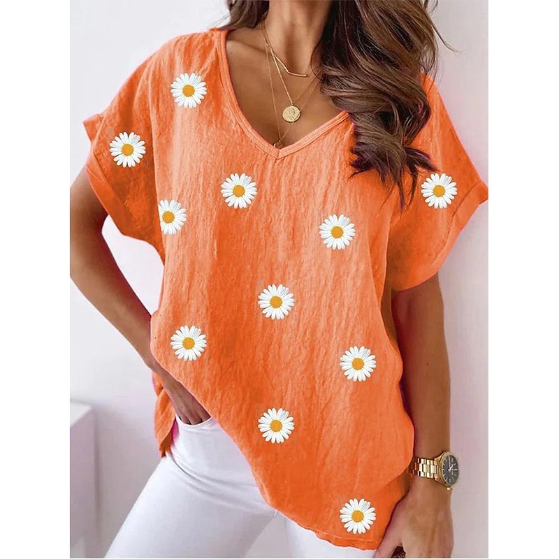 Tricou cu flori de vară cu flori cu imprimare 3D Topuri Y2k pentru femei Tricouri Streetwear Harajuku Tricouri supradimensionate elegante cu decolteu în V Îmbrăcăminte pentru femei