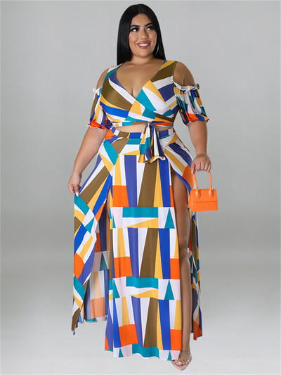 Wmstar Vasaras Plis izmēra kleitu komplekti Divdaļīgs V kakla apdruka ar apdrukātu Crop Top Big Swing Svārki Sexy Suits Slip Hem Vairumtirdzniecība Dropshipping