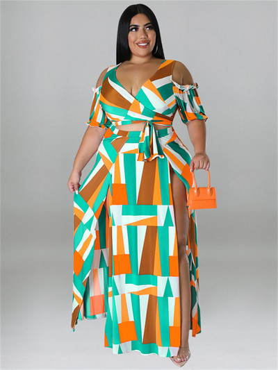 Wmstar Vasaras Plis izmēra kleitu komplekti Divdaļīgs V kakla apdruka ar apdrukātu Crop Top Big Swing Svārki Sexy Suits Slip Hem Vairumtirdzniecība Dropshipping