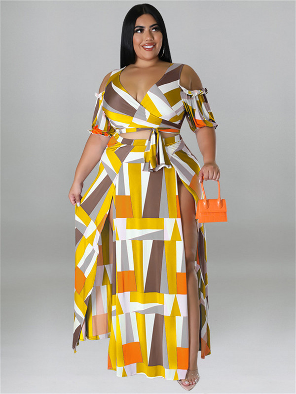 Wmstar Vasaras Plis izmēra kleitu komplekti Divdaļīgs V kakla apdruka ar apdrukātu Crop Top Big Swing Svārki Sexy Suits Slip Hem Vairumtirdzniecība Dropshipping