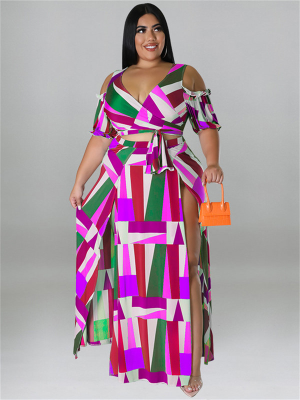 Wmstar Vasaras Plis izmēra kleitu komplekti Divdaļīgs V kakla apdruka ar apdrukātu Crop Top Big Swing Svārki Sexy Suits Slip Hem Vairumtirdzniecība Dropshipping