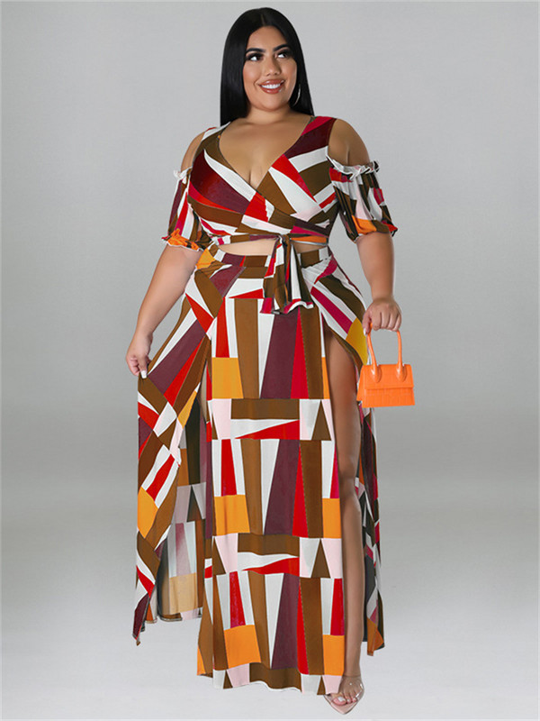 Wmstar Vasaras Plis izmēra kleitu komplekti Divdaļīgs V kakla apdruka ar apdrukātu Crop Top Big Swing Svārki Sexy Suits Slip Hem Vairumtirdzniecība Dropshipping