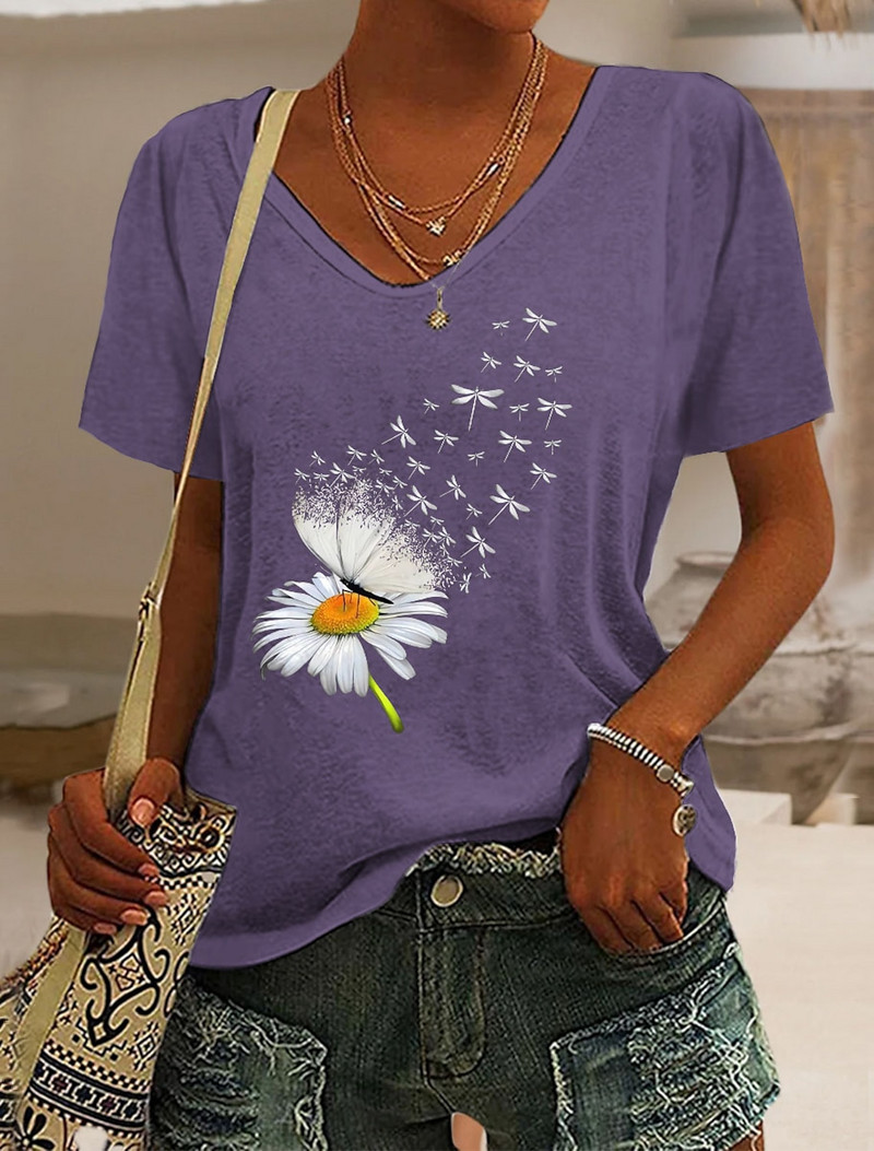 Modes sieviešu T krekls T-krekls ar ziediem tauriņu brīvdienu apdruka, melna ar īsām piedurknēm pamata V veida kakla apdrukas T-krekls vasaras Harajuku