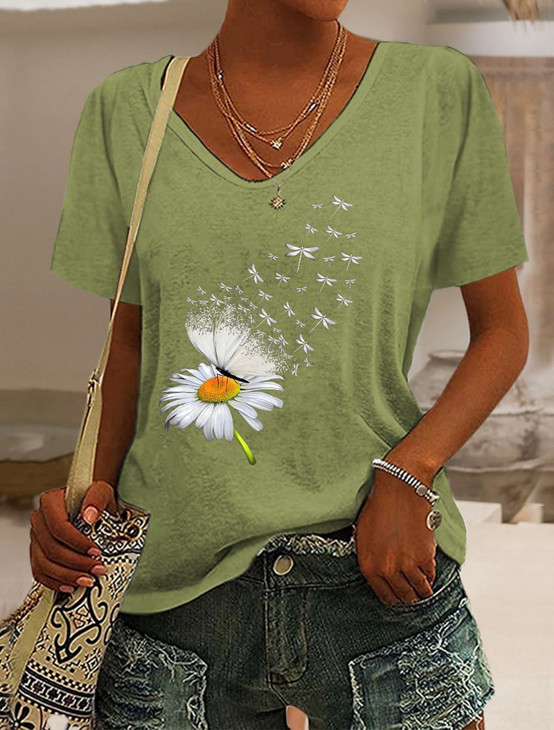 Modes sieviešu T krekls T-krekls ar ziediem tauriņu brīvdienu apdruka, melna ar īsām piedurknēm pamata V veida kakla apdrukas T-krekls vasaras Harajuku