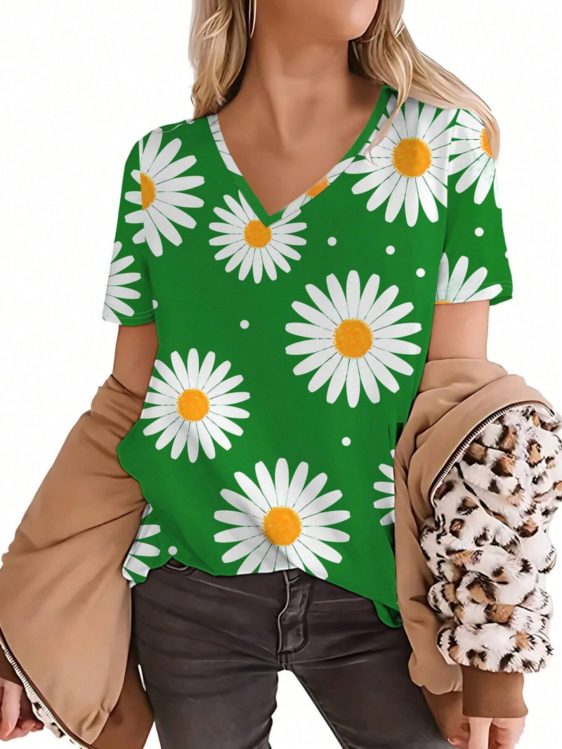 Vasaras modes sieviešu T-krekls ar V veida kakla izgriezumu ar īsām piedurknēm pavasarim un vasarai, ikdienas t-krekli ar ziedu rakstiem meitenēm
