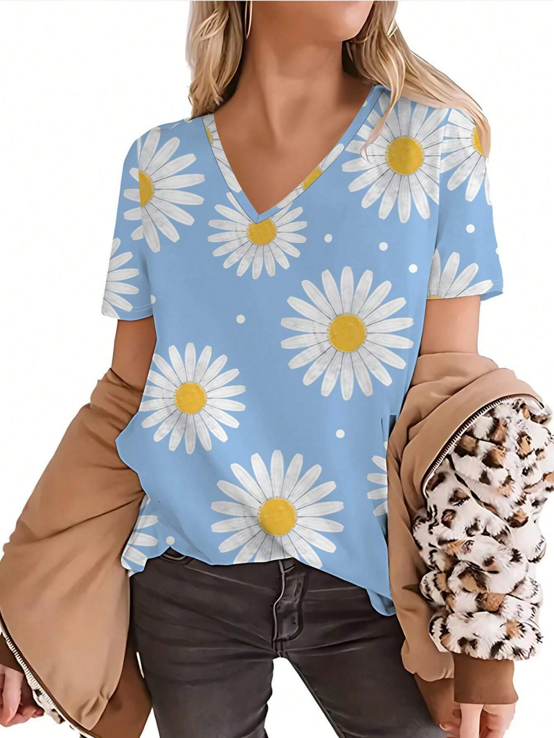 Vasaras modes sieviešu T-krekls ar V veida kakla izgriezumu ar īsām piedurknēm pavasarim un vasarai, ikdienas t-krekli ar ziedu rakstiem meitenēm