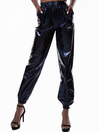 Sieviešu spīdīgas hologrāfiskas bikses brīvas ar augstu vidukli metāliskas bikses deju priekšnesums hip hop bikses ielu apģērbi skrējēji
