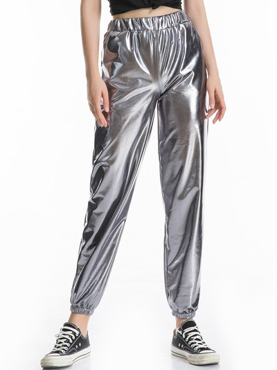 Sieviešu spīdīgas hologrāfiskas bikses brīvas ar augstu vidukli metāliskas bikses deju priekšnesums hip hop bikses ielu apģērbi skrējēji