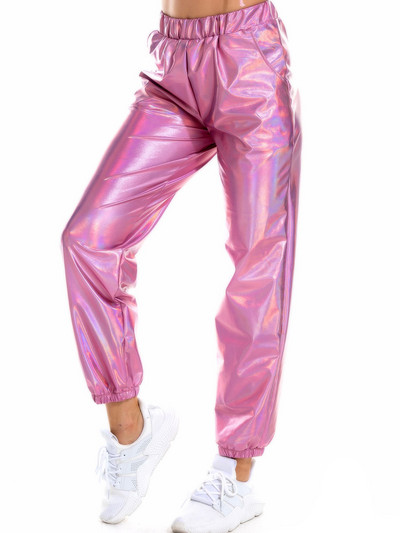 Sieviešu spīdīgas hologrāfiskas bikses brīvas ar augstu vidukli metāliskas bikses deju priekšnesums hip hop bikses ielu apģērbi skrējēji