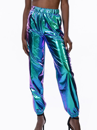 Sieviešu spīdīgas hologrāfiskas bikses brīvas ar augstu vidukli metāliskas bikses deju priekšnesums hip hop bikses ielu apģērbi skrējēji