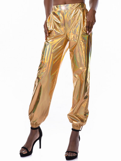 Sieviešu spīdīgas hologrāfiskas bikses brīvas ar augstu vidukli metāliskas bikses deju priekšnesums hip hop bikses ielu apģērbi skrējēji