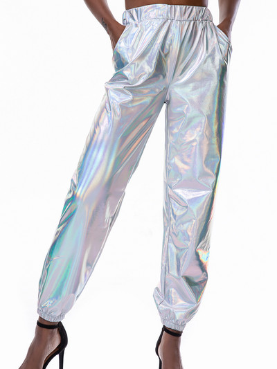 Sieviešu spīdīgas hologrāfiskas bikses brīvas ar augstu vidukli metāliskas bikses deju priekšnesums hip hop bikses ielu apģērbi skrējēji