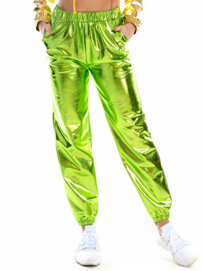 Sieviešu spīdīgas hologrāfiskas bikses brīvas ar augstu vidukli metāliskas bikses deju priekšnesums hip hop bikses ielu apģērbi skrējēji