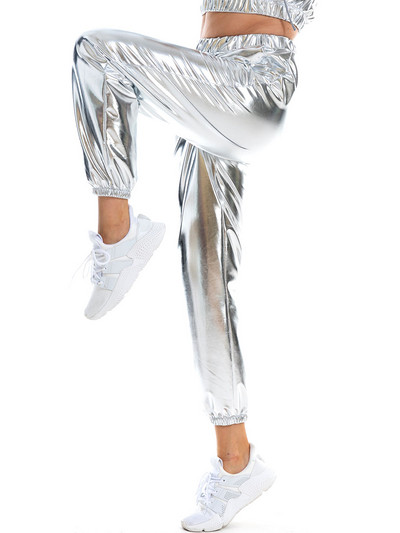 Sieviešu spīdīgas hologrāfiskas bikses brīvas ar augstu vidukli metāliskas bikses deju priekšnesums hip hop bikses ielu apģērbi skrējēji