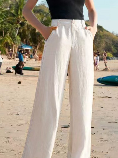 Sieviešu bikses Vasaras ikdienas, platas kājas, brīvas, plānas kokvilnas lina drēbes, sieviešu drēbes ar augstu vidukli Taisnas garas bikses kravas bikses