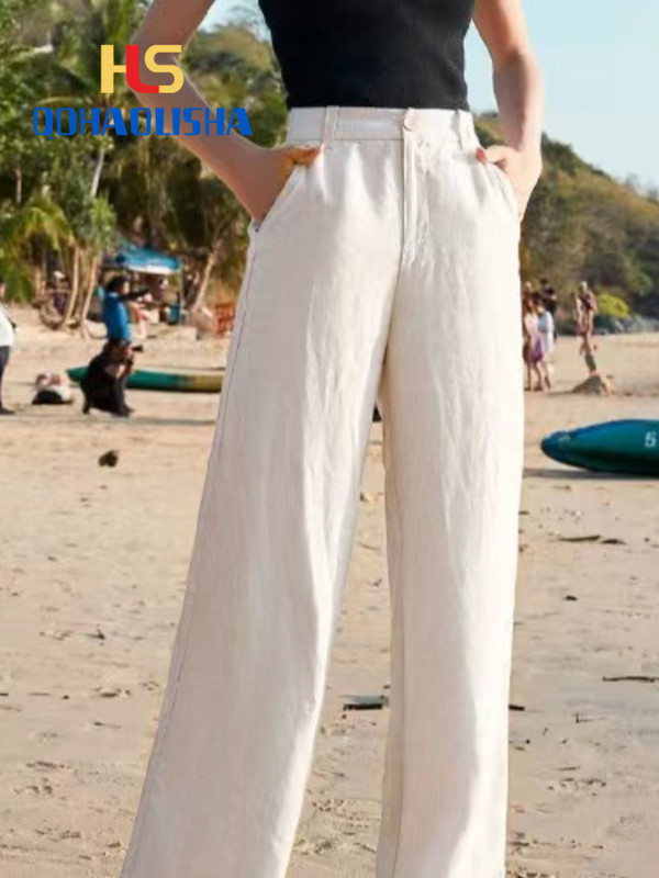 Sieviešu bikses Vasaras ikdienas, platas kājas, brīvas, plānas kokvilnas lina drēbes, sieviešu drēbes ar augstu vidukli Taisnas garas bikses kravas bikses