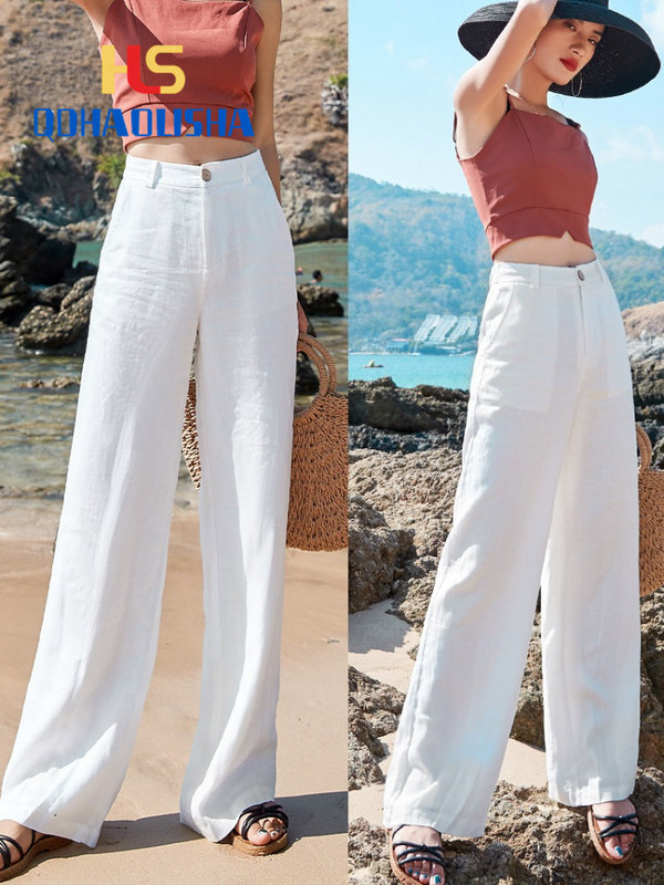 Sieviešu bikses Vasaras ikdienas, platas kājas, brīvas, plānas kokvilnas lina drēbes, sieviešu drēbes ar augstu vidukli Taisnas garas bikses kravas bikses