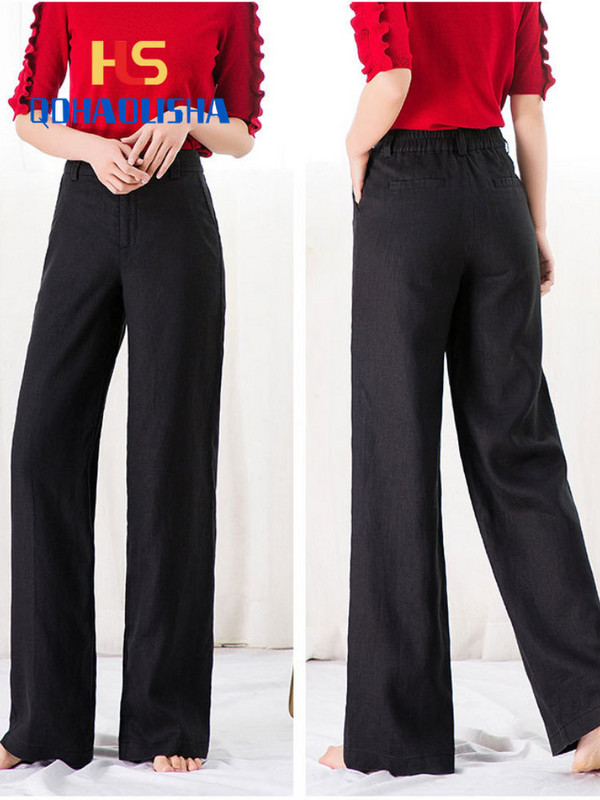Sieviešu bikses Vasaras ikdienas, platas kājas, brīvas, plānas kokvilnas lina drēbes, sieviešu drēbes ar augstu vidukli Taisnas garas bikses kravas bikses