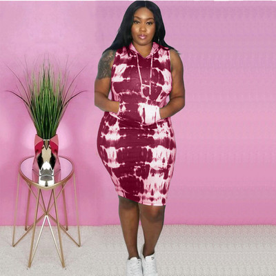 CM.YAYA Rochie de toamnă activă Tie Dye imprimeu cu glugă fără mâneci Plus Size L-4XL femei bodycon rochie midi Rochii Streetwea rochii