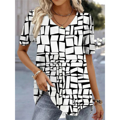 Лятна тениска с V-образно деколте Модна дамска тениска с къси ръкави 3D щампа Ежедневна свободна черно-бяла модна улична мода Дамски пуловер